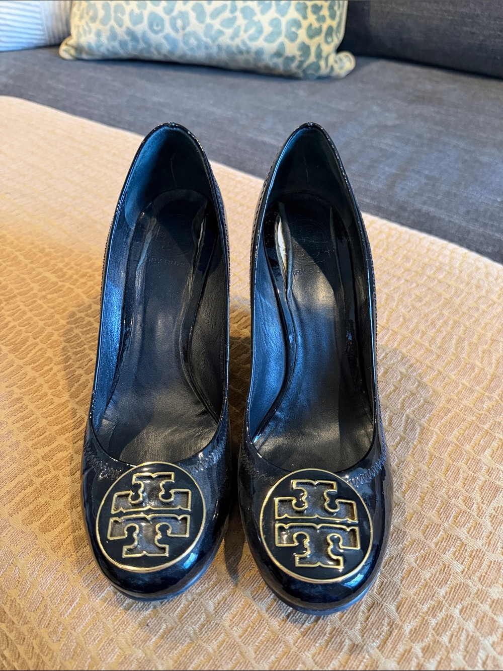 Tory Burch Black Patent Leather Heels with Gold Logo Medallions
